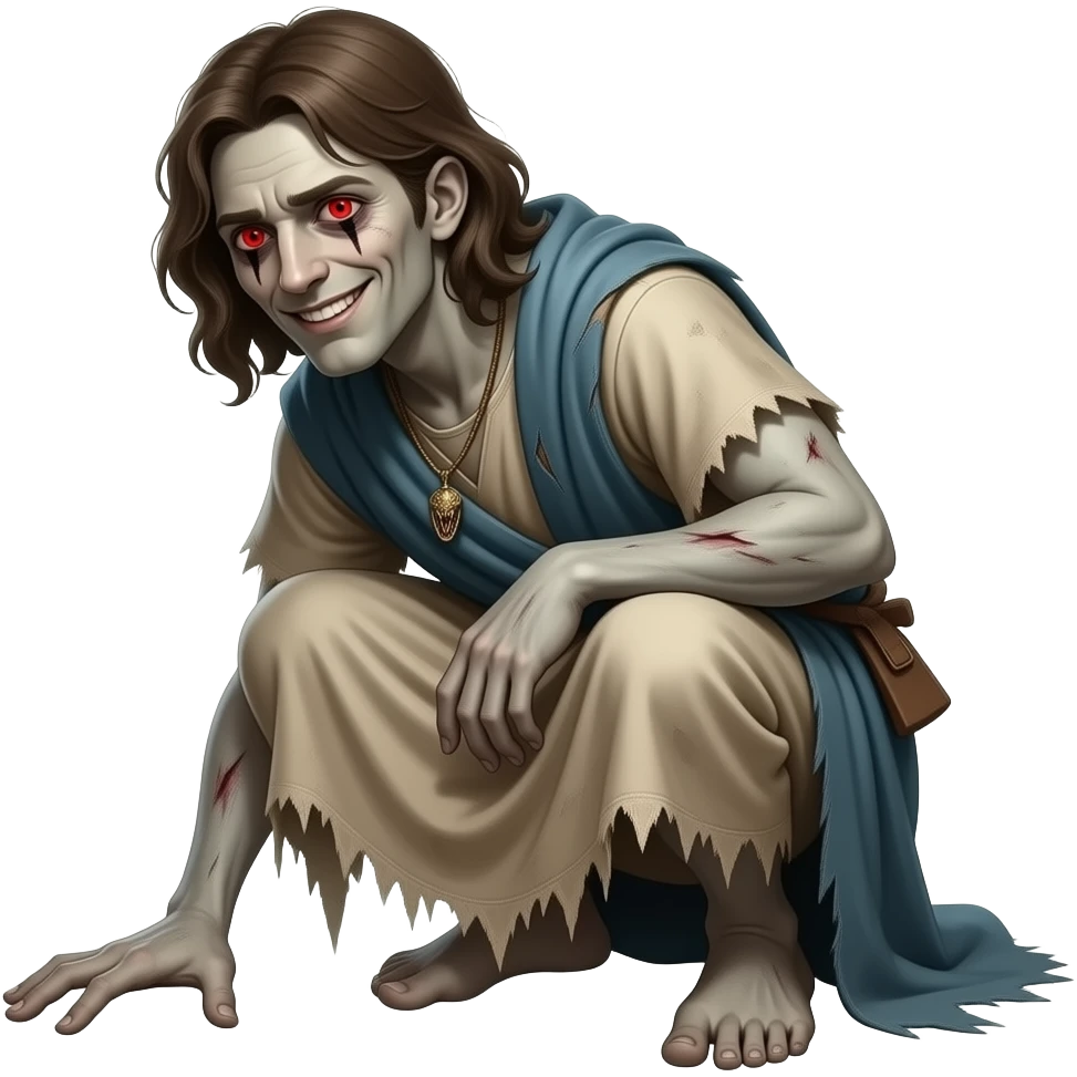A full bodied crouched down emaciated man with pale colored skin, red serpent eyes with slim black slits for pupils and possessed by an evil spirit  that has an creepy smile on her face, wearing tattered clothing from biblical times emoji