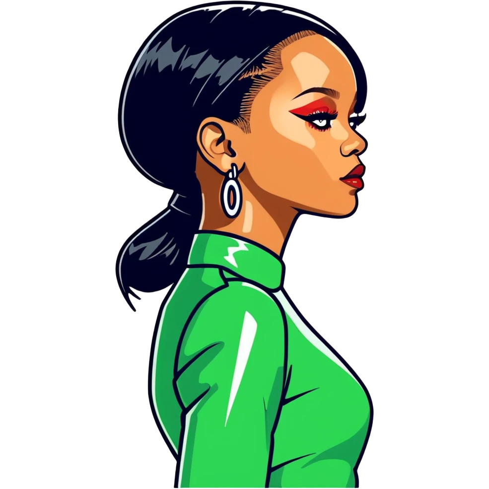 8k, 5000x5000px resolution, clean, smooth, thin lines, ultra detailed, hyperrealism, celebrity, best selling singer, and director of fenty, 2024. Rihanna. Glossy appearance, clean lines  bold colors, clean appearance, side view. emoji