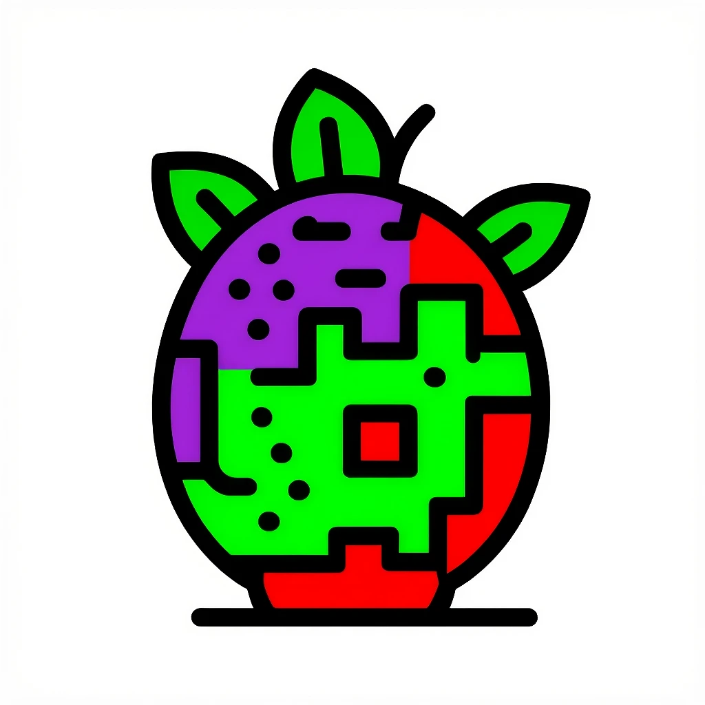 Simple 2D icon of a Stenocereus fruit, bumpy surface, green, purple, and red color blocks, bold black outline, two green leaves emoji