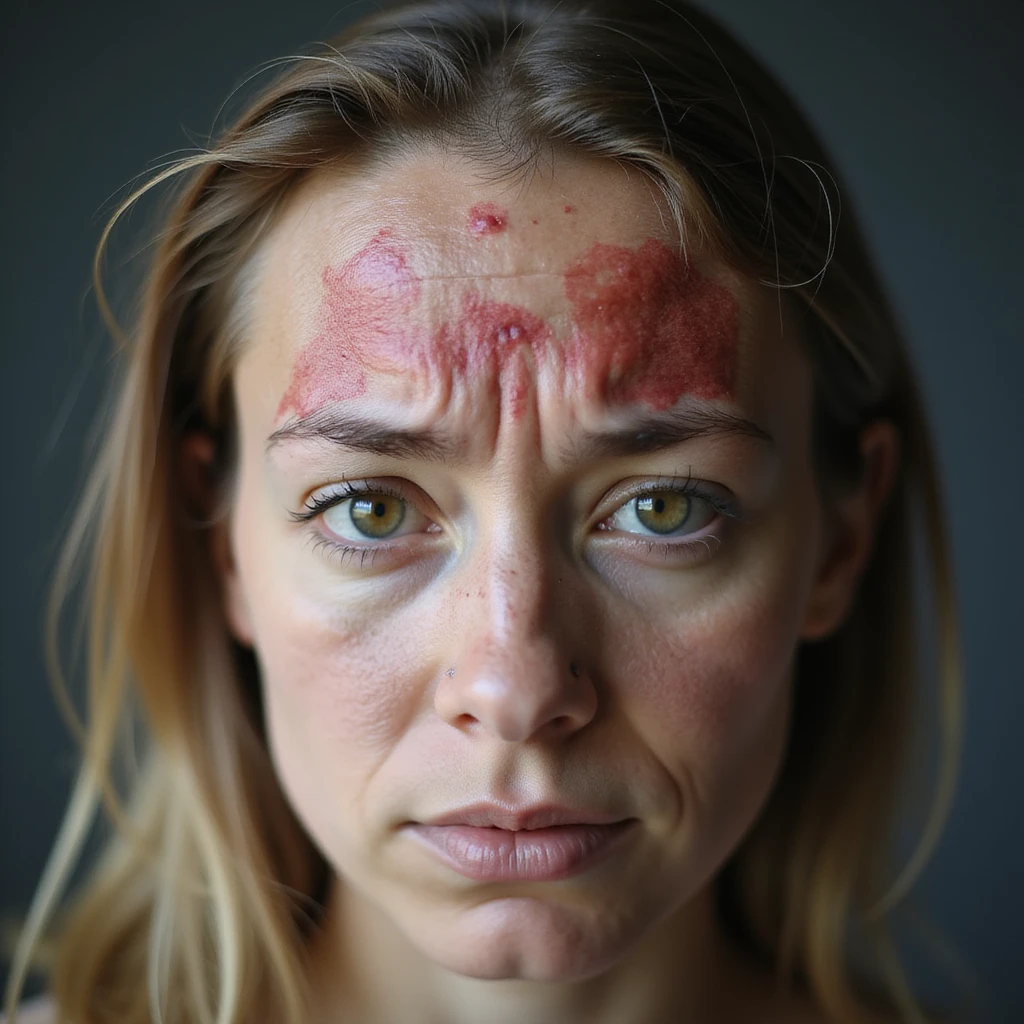 hyperrealistic 4K close-up of scalp of a woman with PCOS showing clear alopecia areas, red skin, thin and sparse hair, sad facial expression emoji