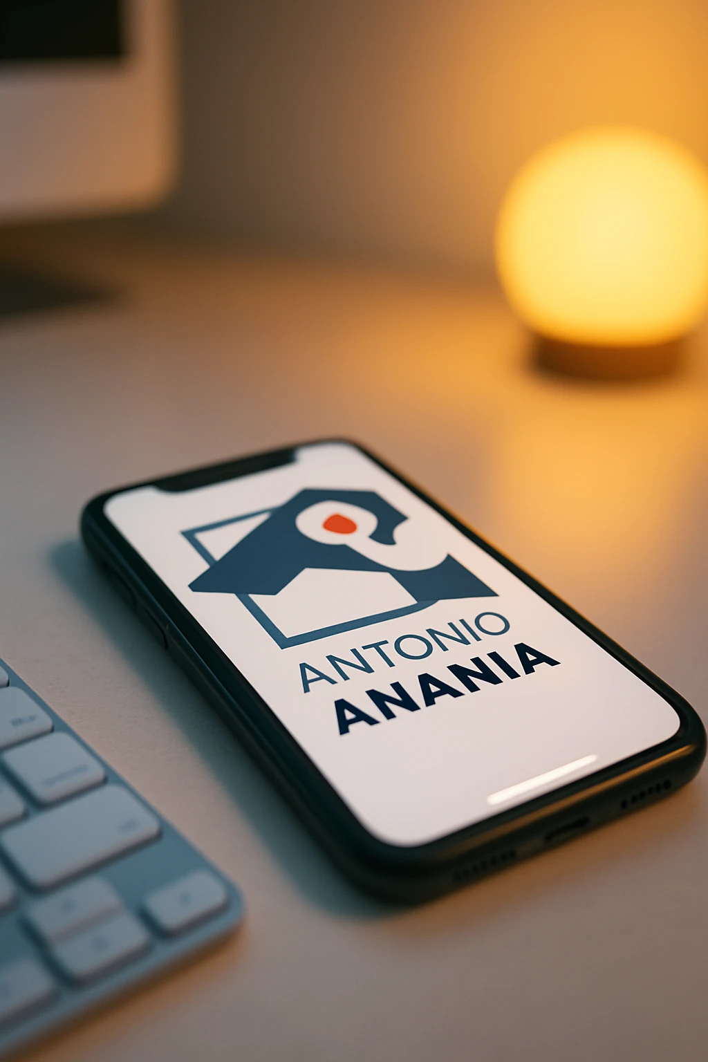 A photo of an iPhone with the message "Antonio Anania" on its screen, The phone sits atop a desk with a blurred background that suggests work environment. A faint glow from above casts gentle shadows across the surface of each object, creating depth and highlighting their textures. emoji