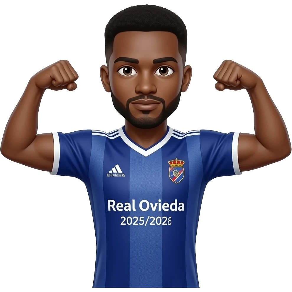 Black man with goatee double arm flex wearing a Real Oviedo 2025/2026 home kit emoji