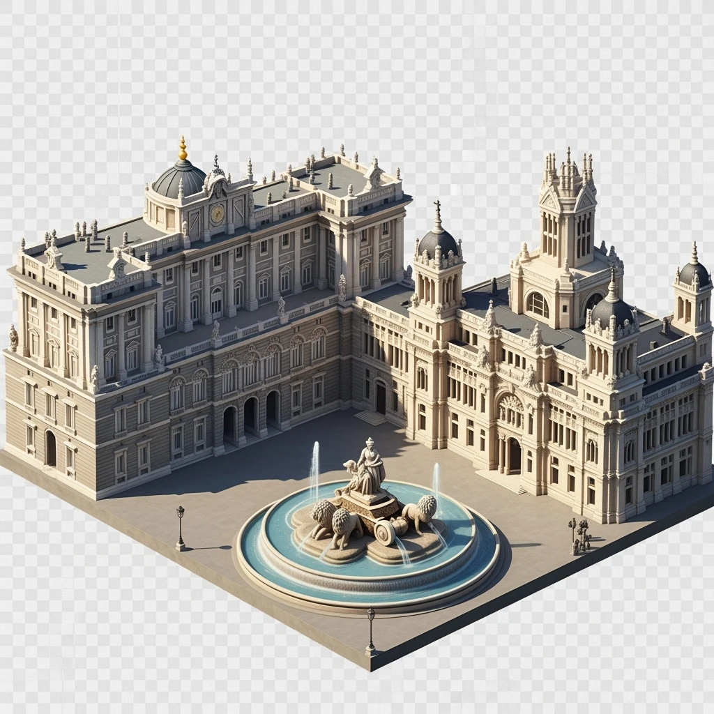 Изометрическая фотореалистичная иллюстрация-модель Королевского дворца в Мадриде и фонтана Сибелес, баланс между стилизацией и реализмом, эффект миниатюры Tift shift, прозрачный фон. emoji