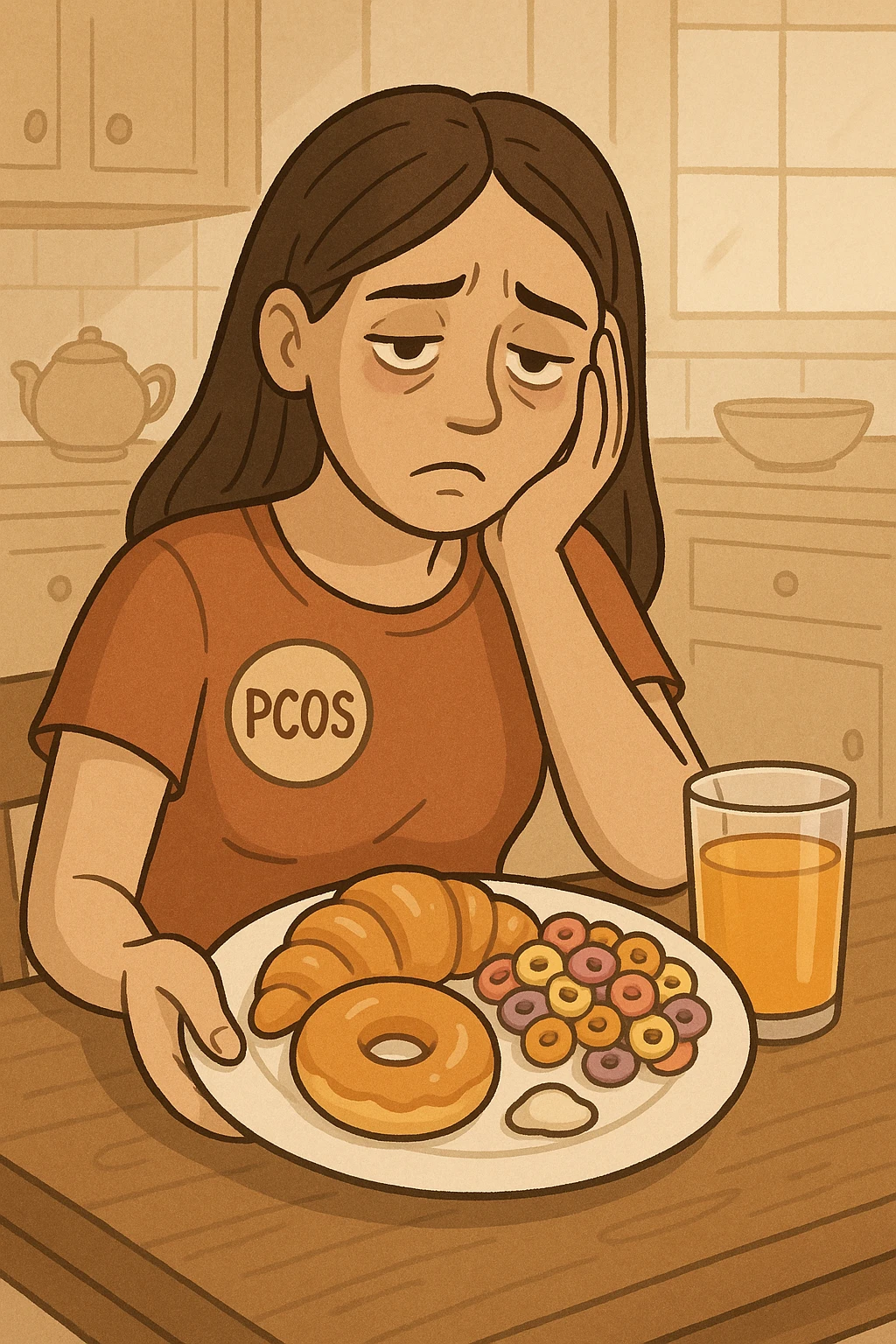 Donna con pcos, con colazione sbilanciata ricca di zuccheri e con poche proteine emoji