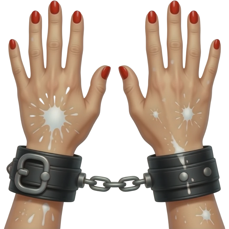 Sexy Woman’s hands red nails behind back in black leather hand cuffs splattered in a lot ofwhite paint close-up emoji