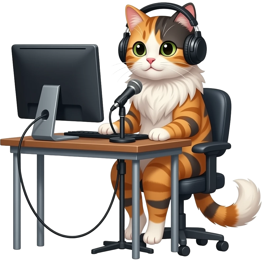sincere long-haired calico cat podcaster at desk with computer, microphone and headphones emoji