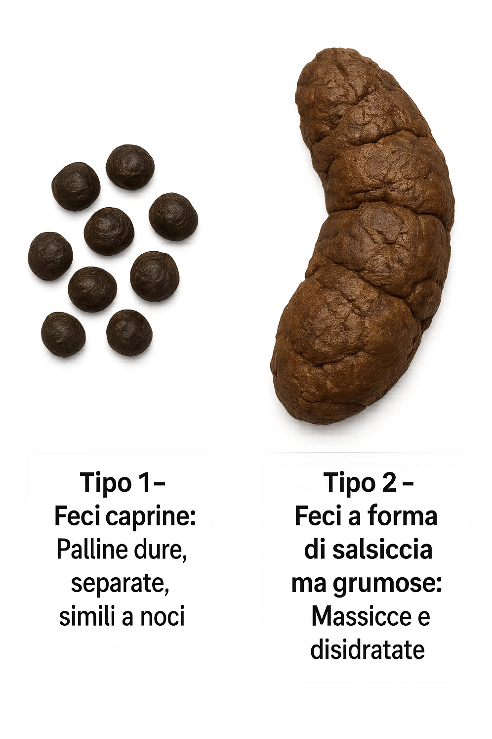 immagine di due tipi di feci iperrealistiche viste dall'alto con descrizione:
Tipo 1 – Feci caprine
Palline dure, separate, simili a noci

Tipo 2 – Feci a forma di salsiccia ma grumose
Massicce e disidratate.
 emoji