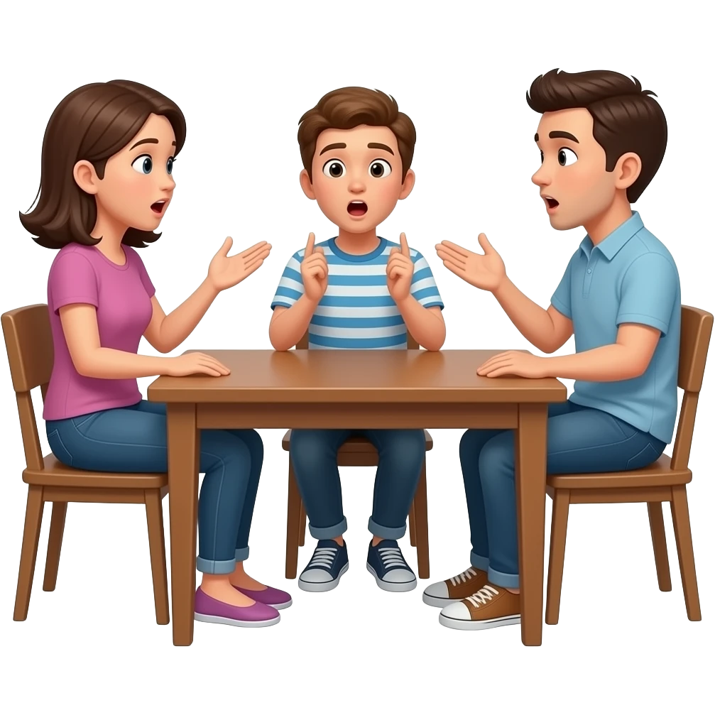 Dialogue between two adults and a teenager sitting at the table at home looking at each other in a conversational mood, mouths open, hands moving, surprised expressions emoji