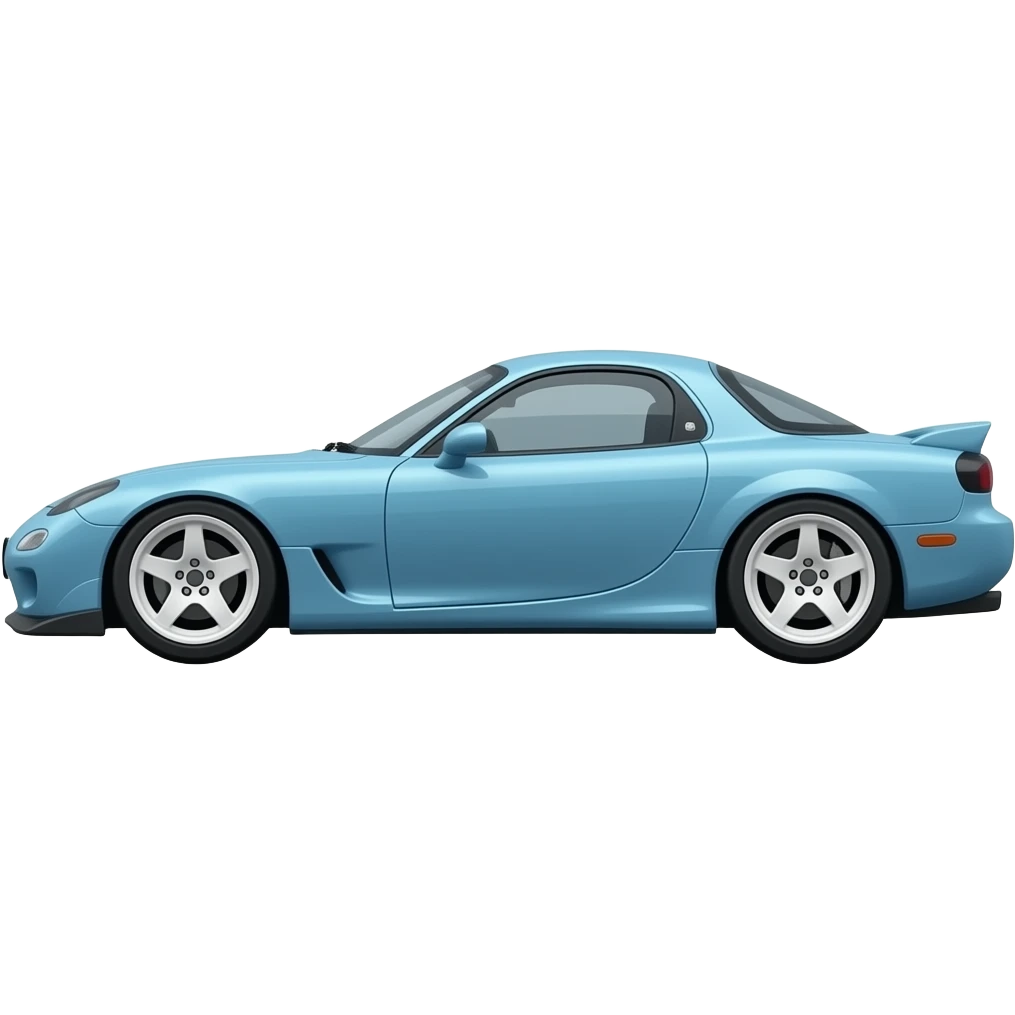 A light blue Mazda Rx7 Veilslide with white wheels and the text Velocity Underneath it in light blue text emoji