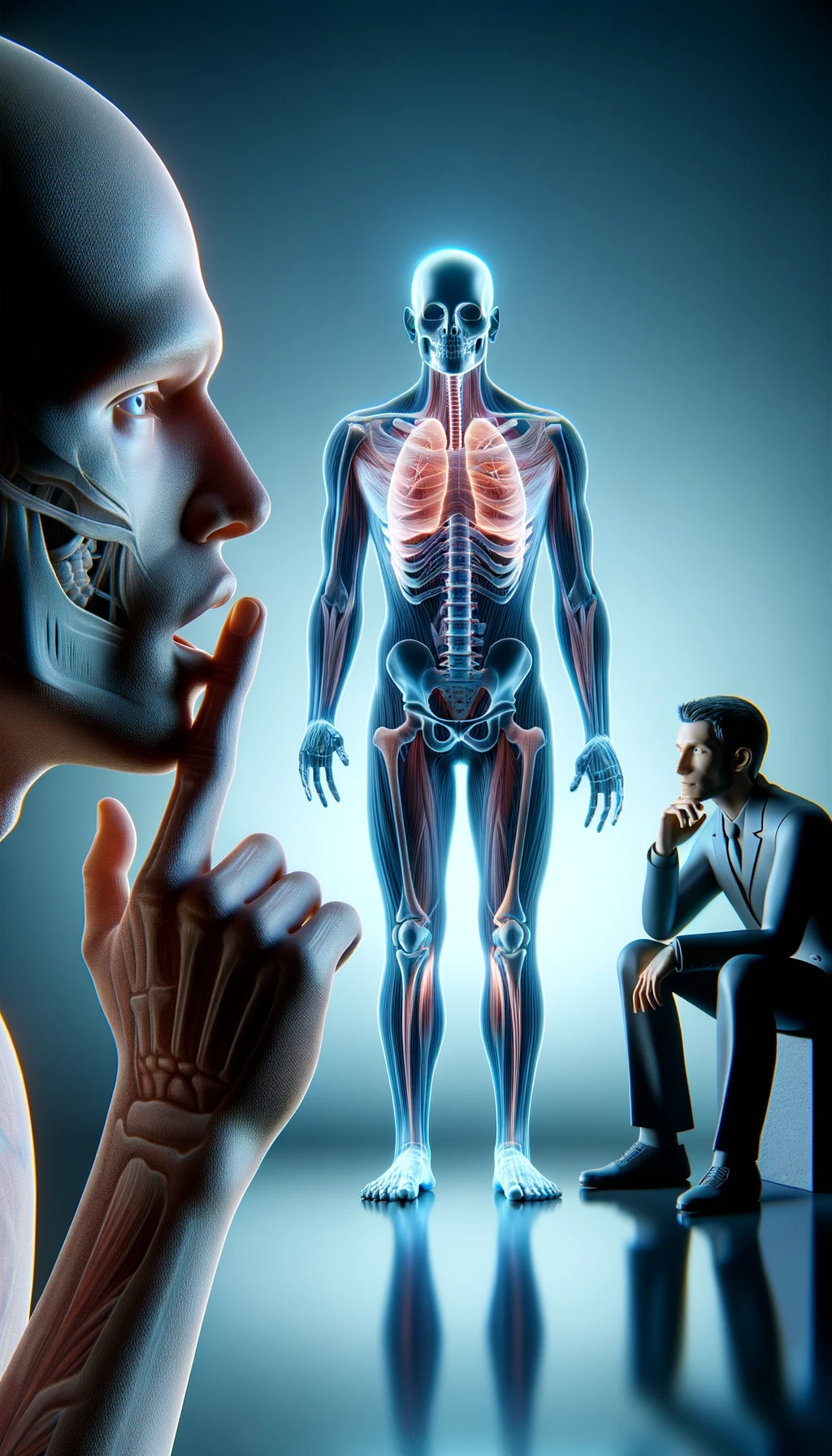 corpo umano anatomico che parla ma sopra di lui c'è il muto, un altra persona lo ascolta, immagine iperrealistica 4k emoji