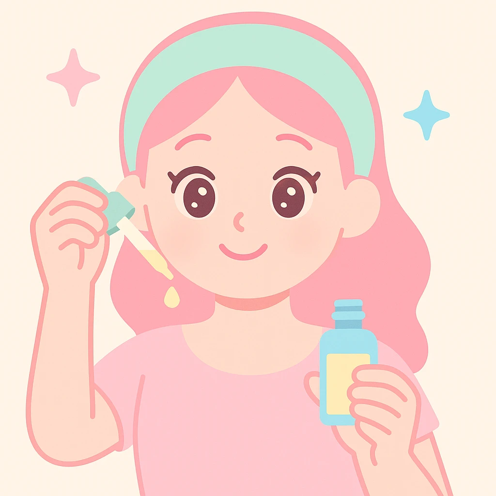 woman using skincare serum, smiling, contemporary, light background emoji