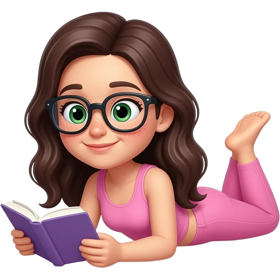 young girl in the style of iphone emoji people, fair skin, green eyes, glasses, freckles,long dark brown wavy hair, pink tank top and pink leggings, looking at book and lies on the bed emoji