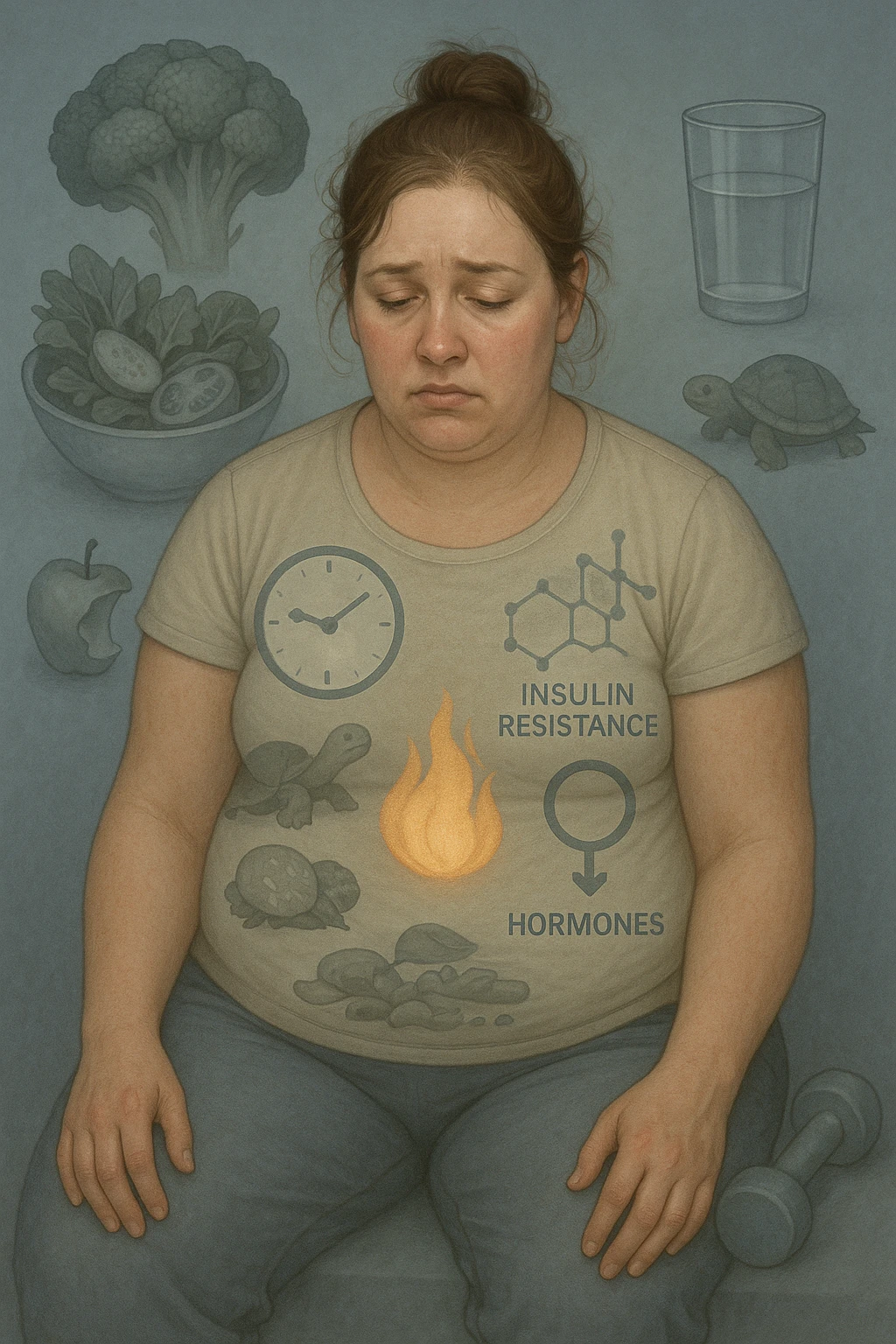 Donna tra i 25 e i 35 anni con fisico leggermente gonfio e postura affaticata, seduta con sguardo stanco. In trasparenza sul suo corpo, si vedono elementi simbolici: una fiamma metabolica molto piccola nel centro dell’addome, una tartaruga accanto a un simbolo di orologio rallentato, indicatori visivi di insulino-resistenza e squilibri ormonali. Intorno a lei: cibo sano non digerito bene, attività fisica poco efficace. Colori spenti attorno al corpo, con toni freddi e lentezza visiva. Stile realistico con elementi infografici e simbolici integrati emoji