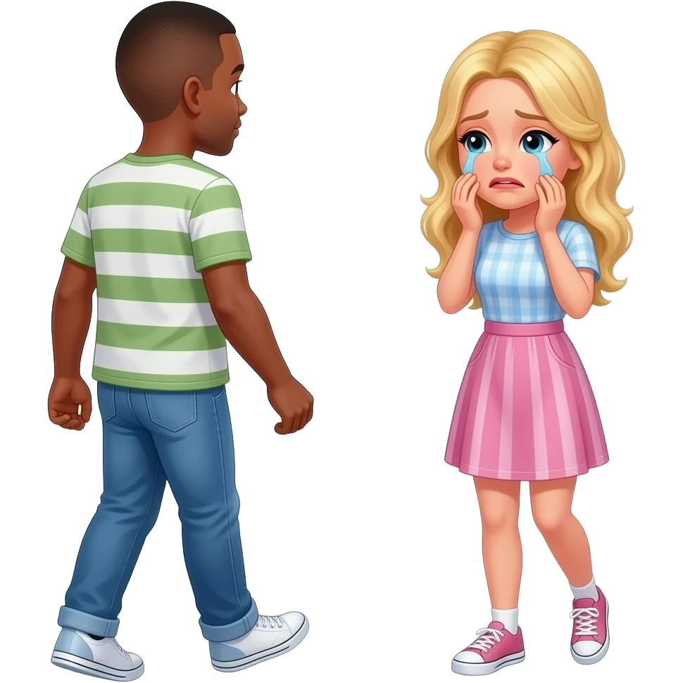 Black man with shaved walking away from crying blonde girlfriend emoji