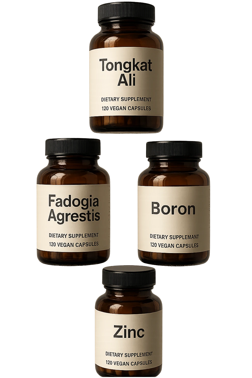 4 boccette di integratore: Tongkat Ali, Fadogia Agrestis, Boron e Zinco fluttuano in aria verticalmente emoji