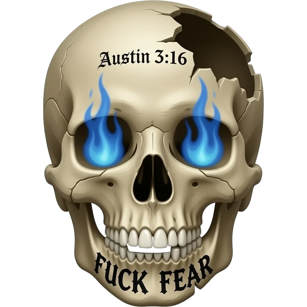 human skull, partially missing top, in same gothic font FUCK FEAR carved on jaw, slightly open, teeth chipped, Austin 3:16 carved in forehead, eye & nose cavity with blue flames, words a BLACK Gothic font, entire skull is aged, sun dried, weathered emoji