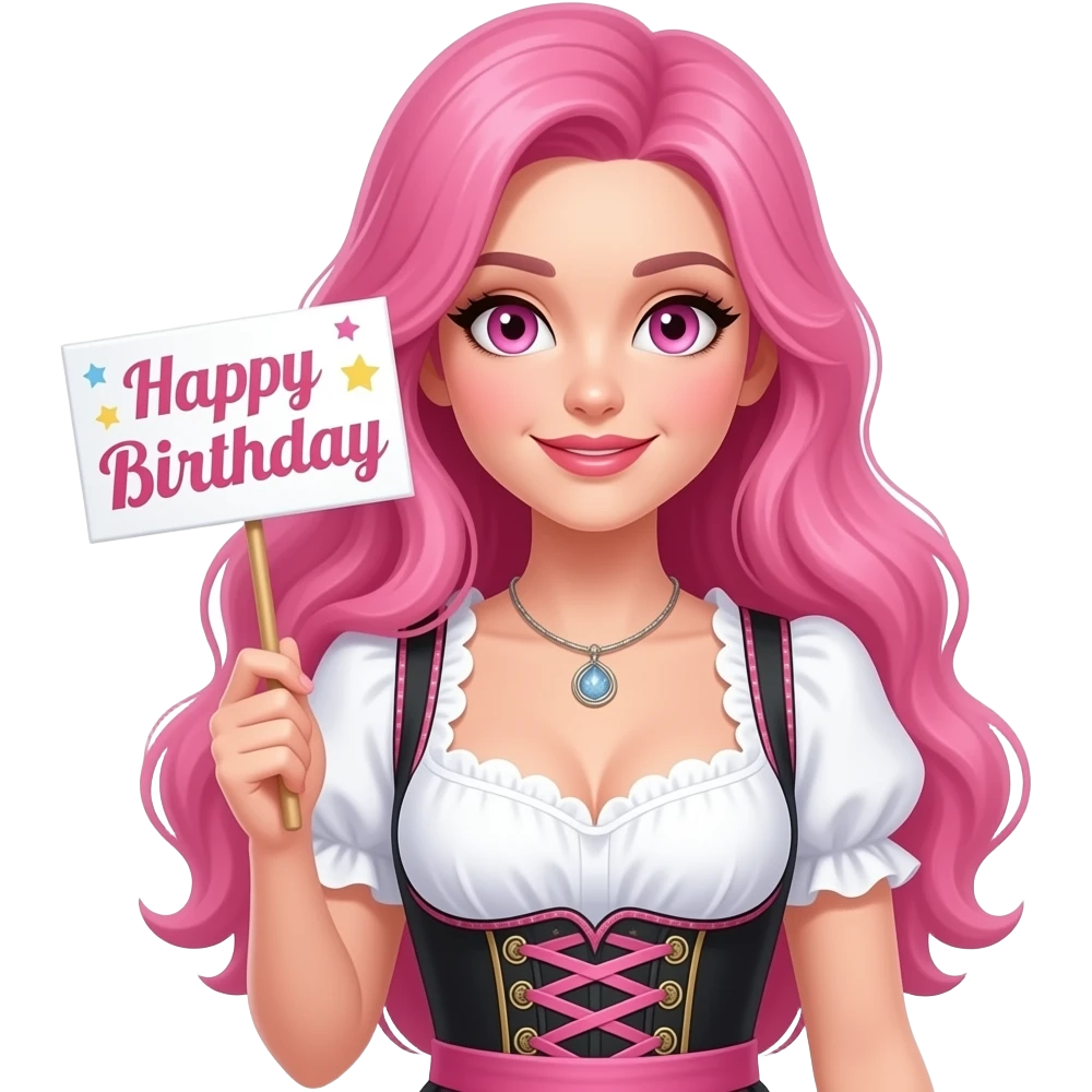 sexy girl with long pink hair and pink eyes wearing a dirndl holding a ALLES GUTE ZUM GEBURTSTAG sign emoji