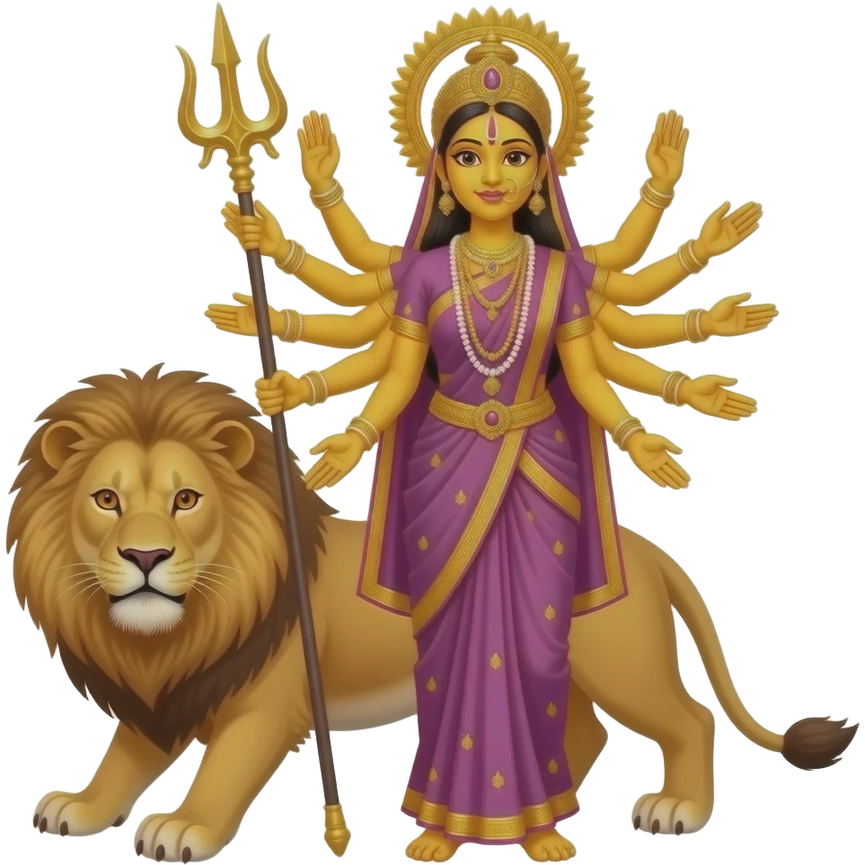 A bengali yellow skinned bride with exactly ten empty hands standing beside a lion with ALL hands in front and her very front arms should hold a mighty trident emoji