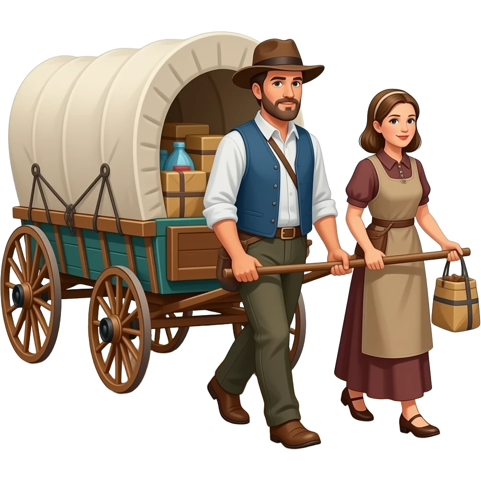 husband and wife pulling historical mormon pioneer handcart loaded with supplies down trail emoji