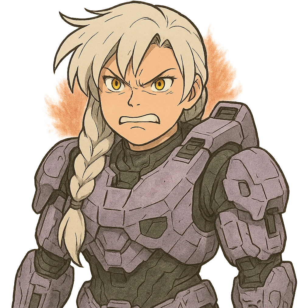 making an angry scowl, frown closed mouth, rage face, rage aura,  female, wearing reach spartan armor shoulder-unequip, long white braid hair with massive messy front side single bangs, gold yellow eyes, attention pose, D-cup size, HALO:series, no helmet, the armor is lavender color scheme, emoji