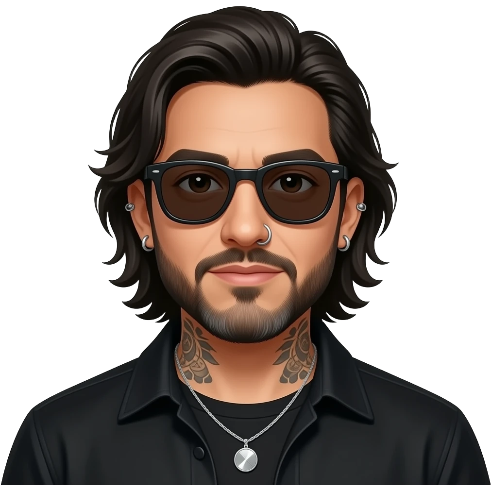 The handsome manly Latino podcast host with medium length hair, a long slightly graying beard and tattoos with his ears pierced 1 time each ear and a nose ring on the right side, dark brown eyes, wearing black, super dark sunglasses, jewelry, getting a divorce emoji