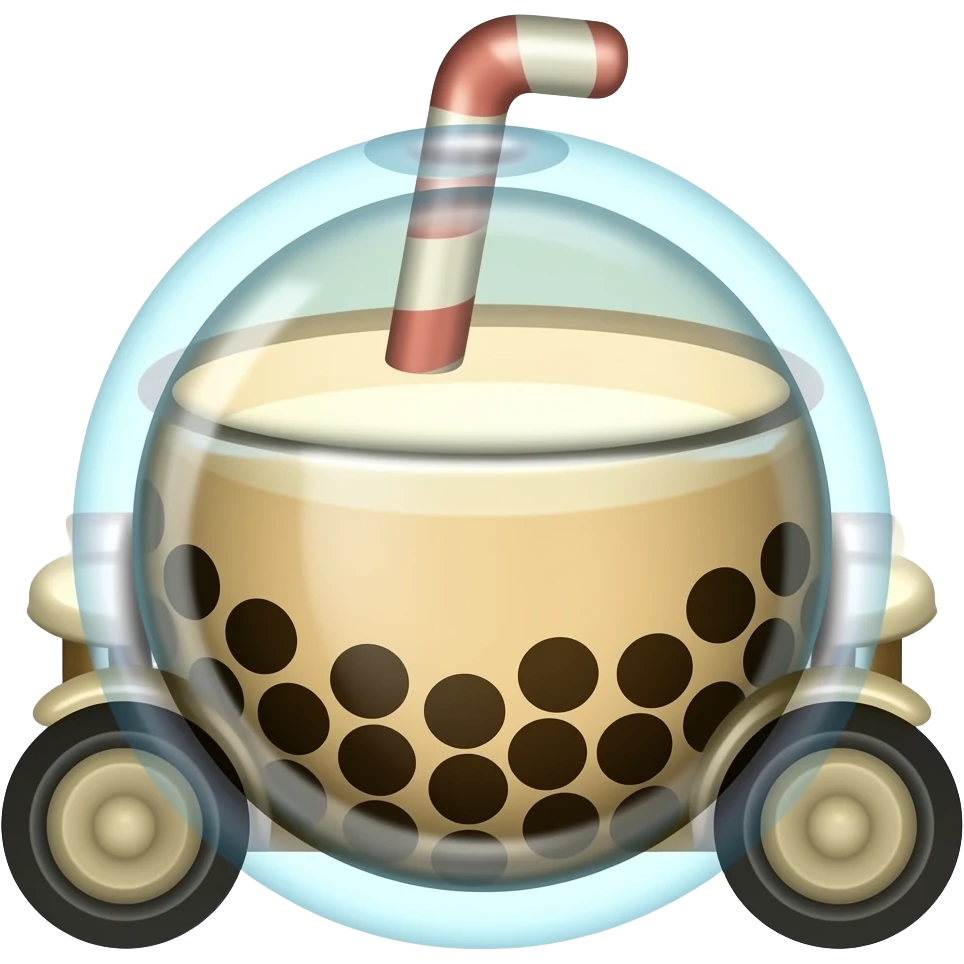 “Minimal emoji sticker of a bubble tea rover on a candy planet, dark mood, rose & lilac glow palette, whimsical + playful vibe, clean outline, transparent background, high-res.” emoji