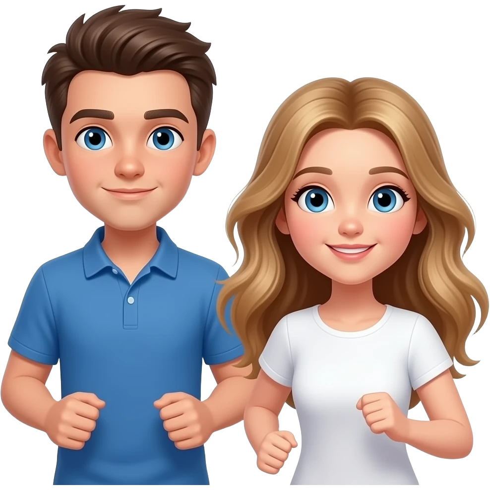 chico grande vetido de azul y chica grande vestida de blanco con un top corriendo, el chico castanyo i con pelo corto y la chica pelo suelto y un poco rubia pero castaño y los dos tienen ojos azules son hermanos emoji