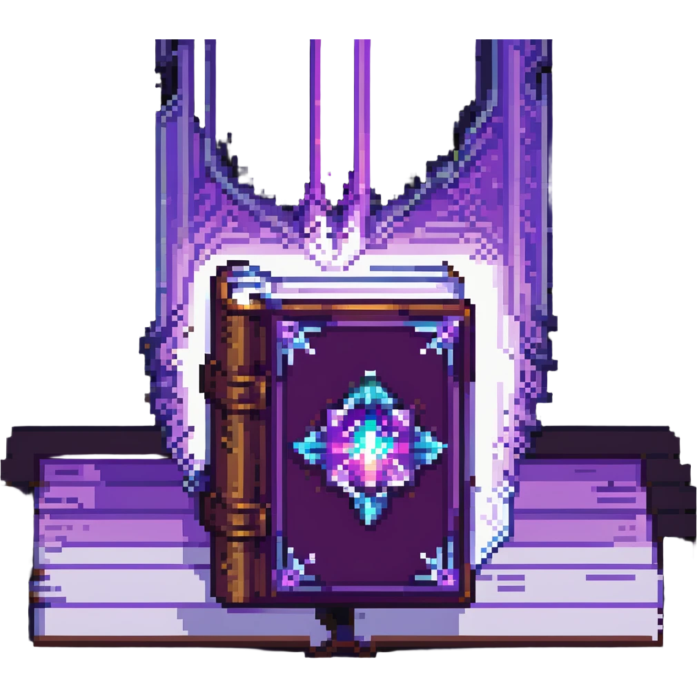 Minecraft-style enchanted book, pixel art, glowing purple aura, floating slightly, magical effect emoji