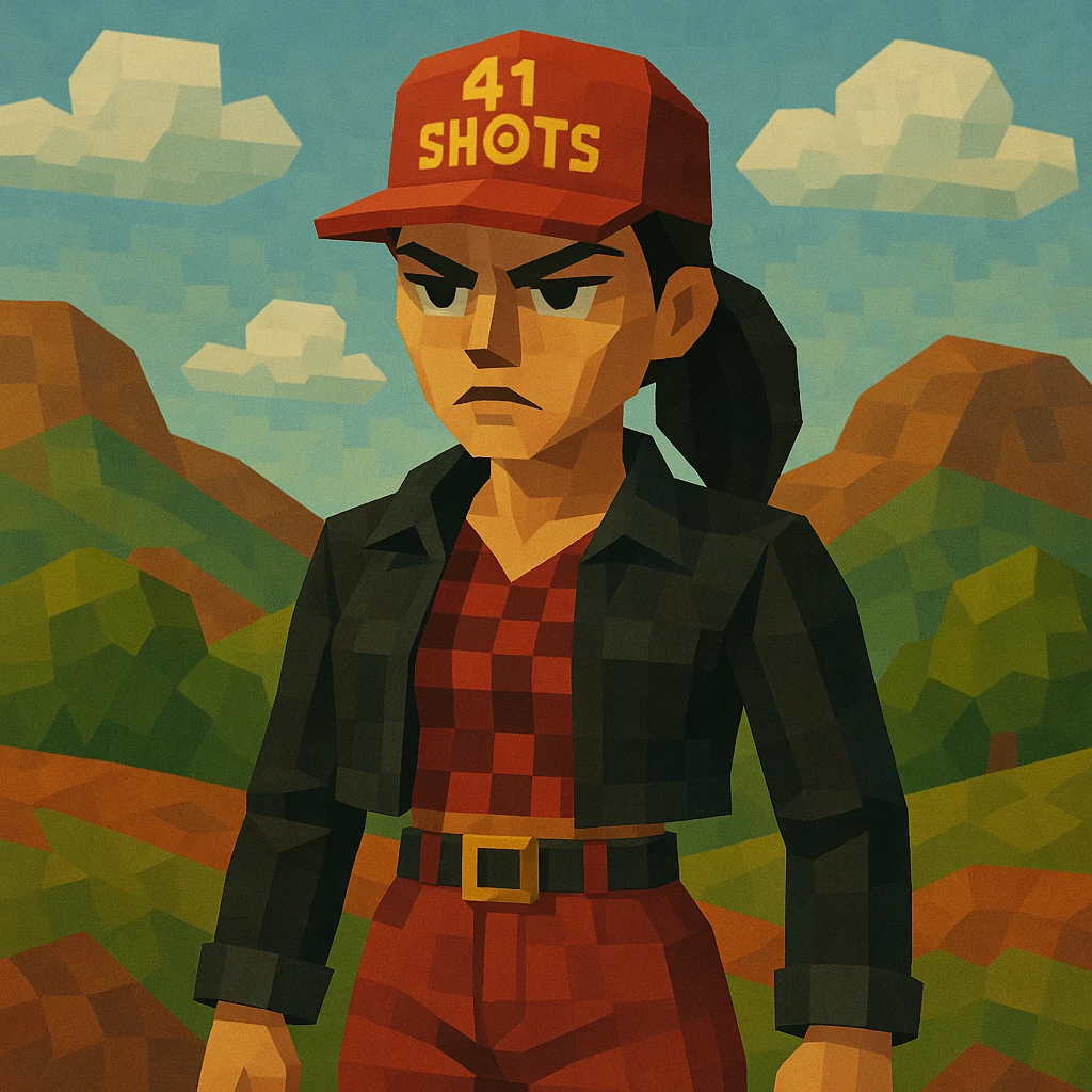 low-poly 3D female with prominent brows and angular face, serious confident expression, wearing a red cap with '41 SHOTS' and target, black ponytail, cropped black jacket, red-black checkered shirt, high-waisted pants, black belt, stylized hills and clouds background, earthy red and green palette, rebellious determined expression emoji