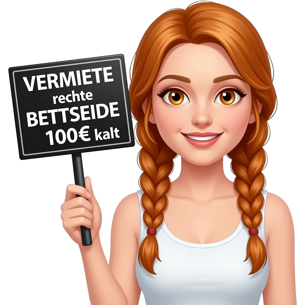 sexy girl with long ginger braids and ginger eyes wearing a white tanktop is holding a black sign with VERMIETE rechte BETTSEITE 100€ kalt written on it emoji