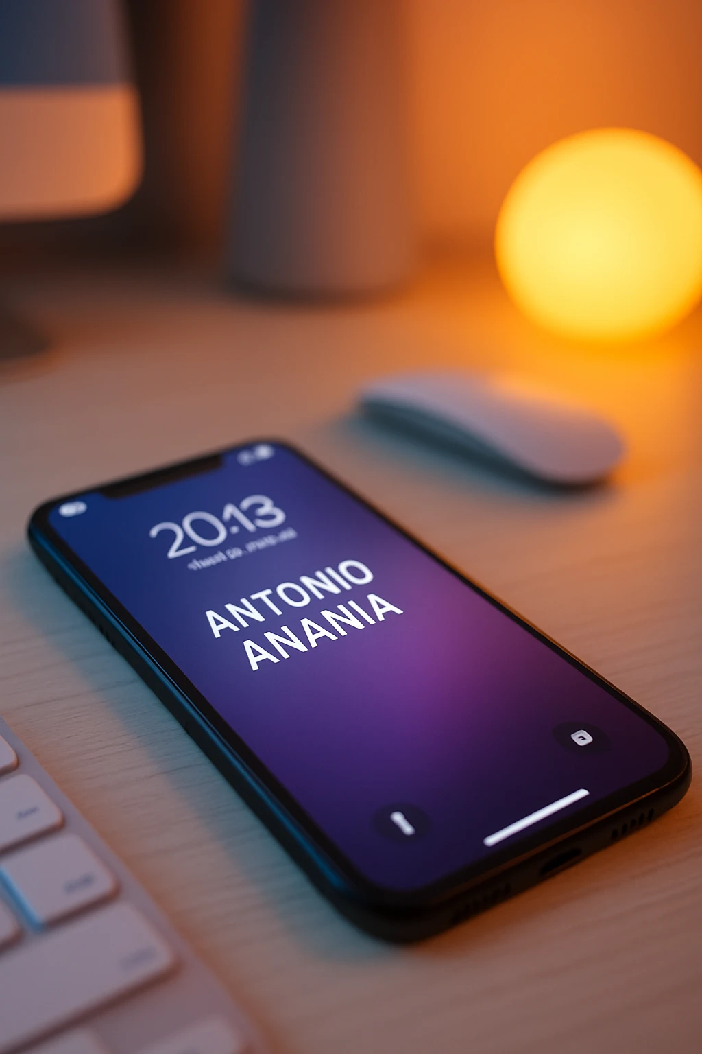 A photo of an iPhone on the desk with the message "Antonio Anania" on its screen, The phone sits atop a desk with a blurred background that suggests work environment. A faint glow from above casts gentle shadows across the surface of each object, creating depth and highlighting their textures emoji