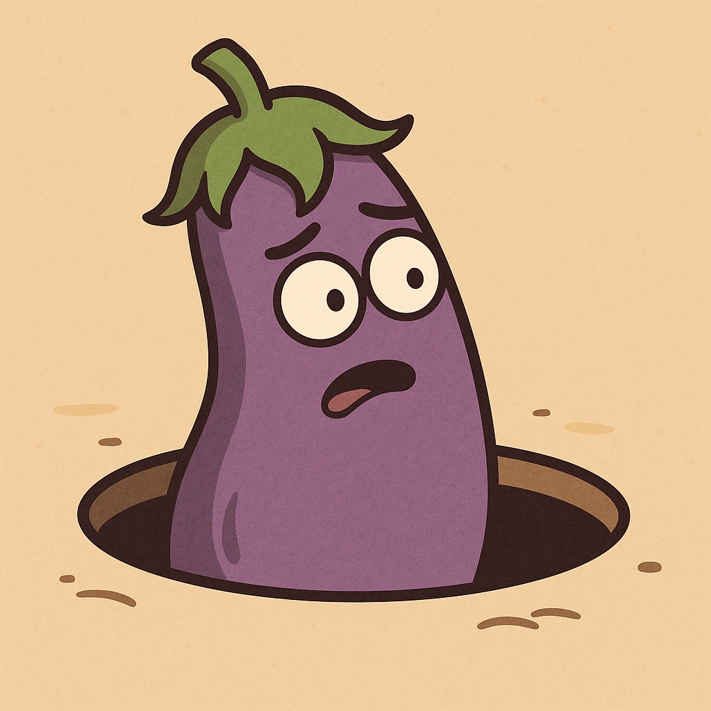 cartoon-style hole with an eggplant peeking out emoji