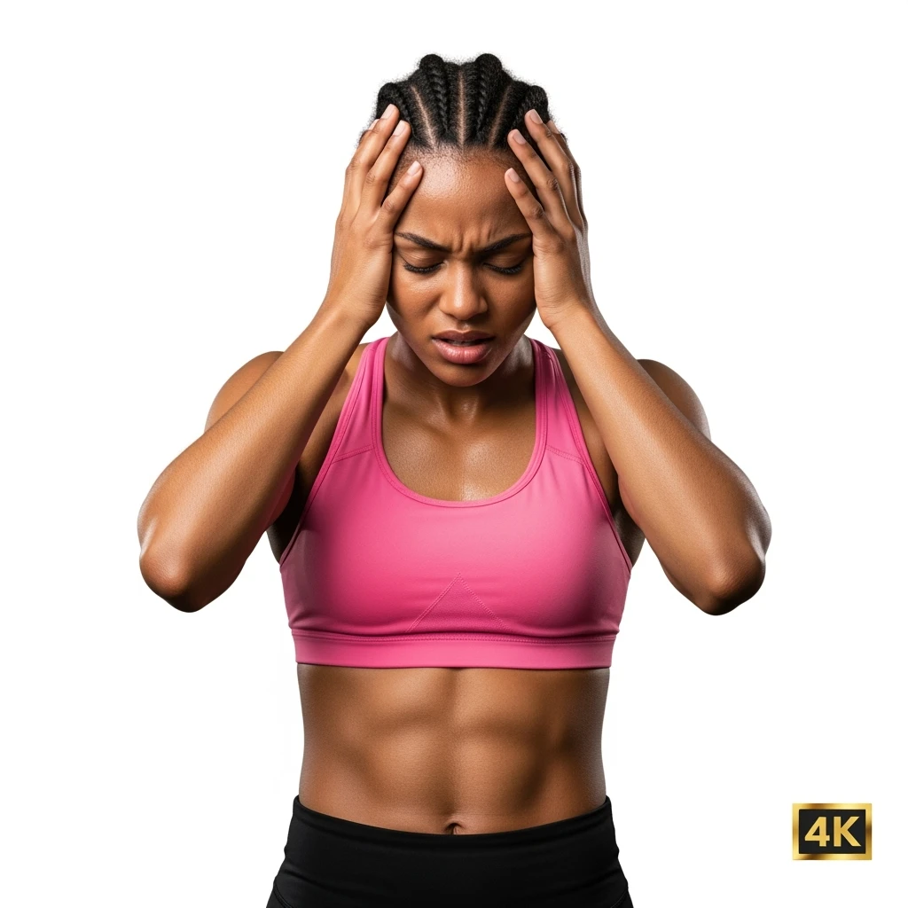 DONNA FITNESS STRESSATA CHE SI TIENE LE MANI SULLA FRONTE, IPERREALISTICA 4K, SENZA SFONDO emoji