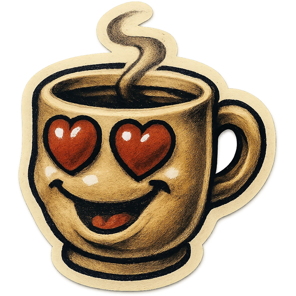 Ink wash style, coffee cup creature, big heart eyes, dopey smile emoji