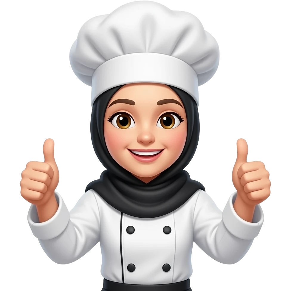 Buatkan koki perempuan berhijab memakai topi chef dengan mengacungkan 2 jempol, badan agak miring ke kanan seperti peragawati emoji