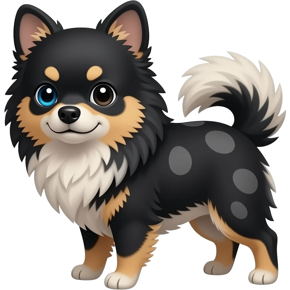 merle pomeranian with black and gray spots. make sure his dominant color is black, his left eye is color blue, his right eye is color black emoji