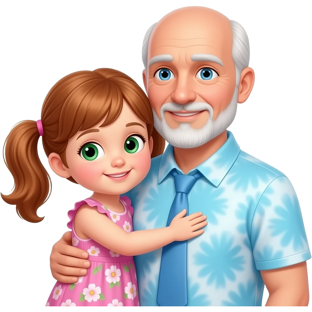 Dark Auburn haired girl child with light green hazel eyes twin ponytails wearing a pink floral sun dress hugging a light blue eyed adult balding father with side white fringe white hair eyebrows and white scruff style breard wearing a light blue tye dye polo shirt emoji