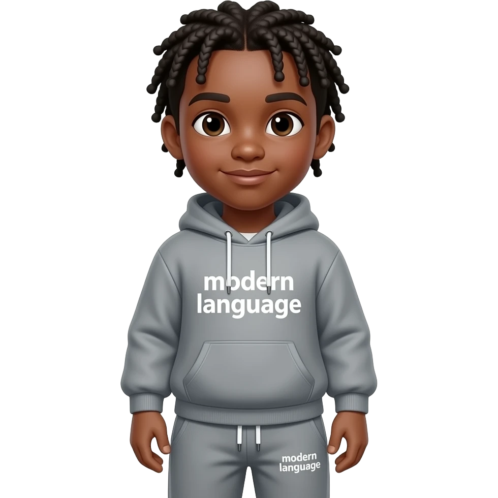 hoodies say modern language and left hand corner sweatpants says modern language black boy with braids emoji