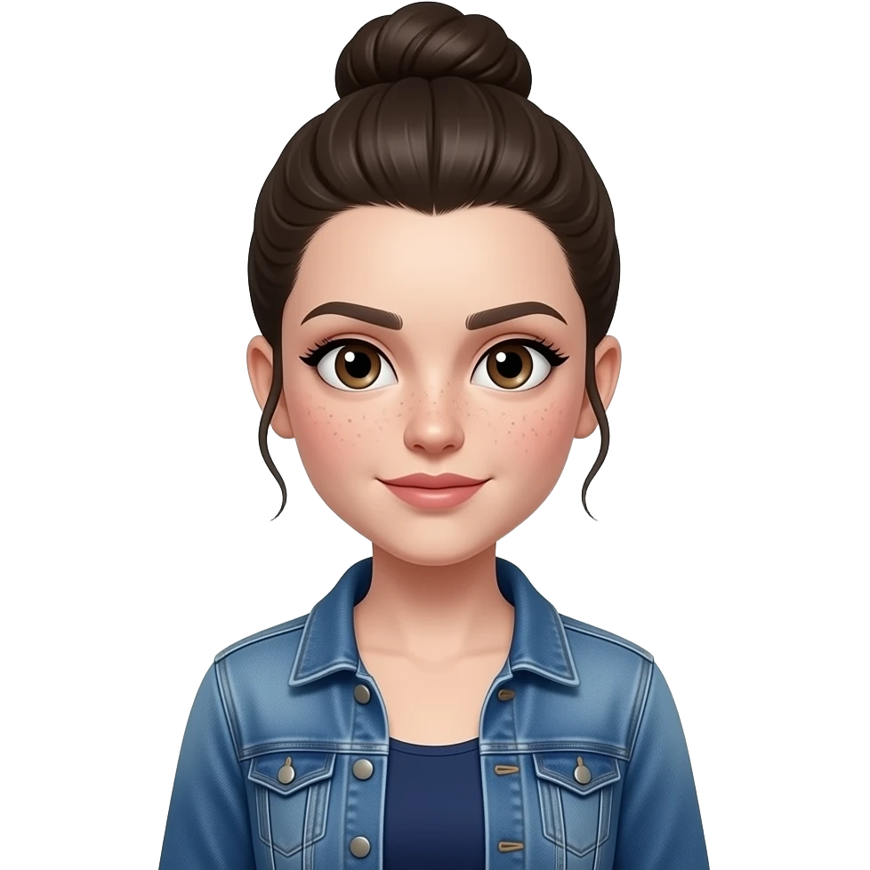 HT - dark brown eyes, pale freckles, very pale white skin, make up, widows peak, dark brown long hair in a high bun, dark blue dress, denim jacket emoji