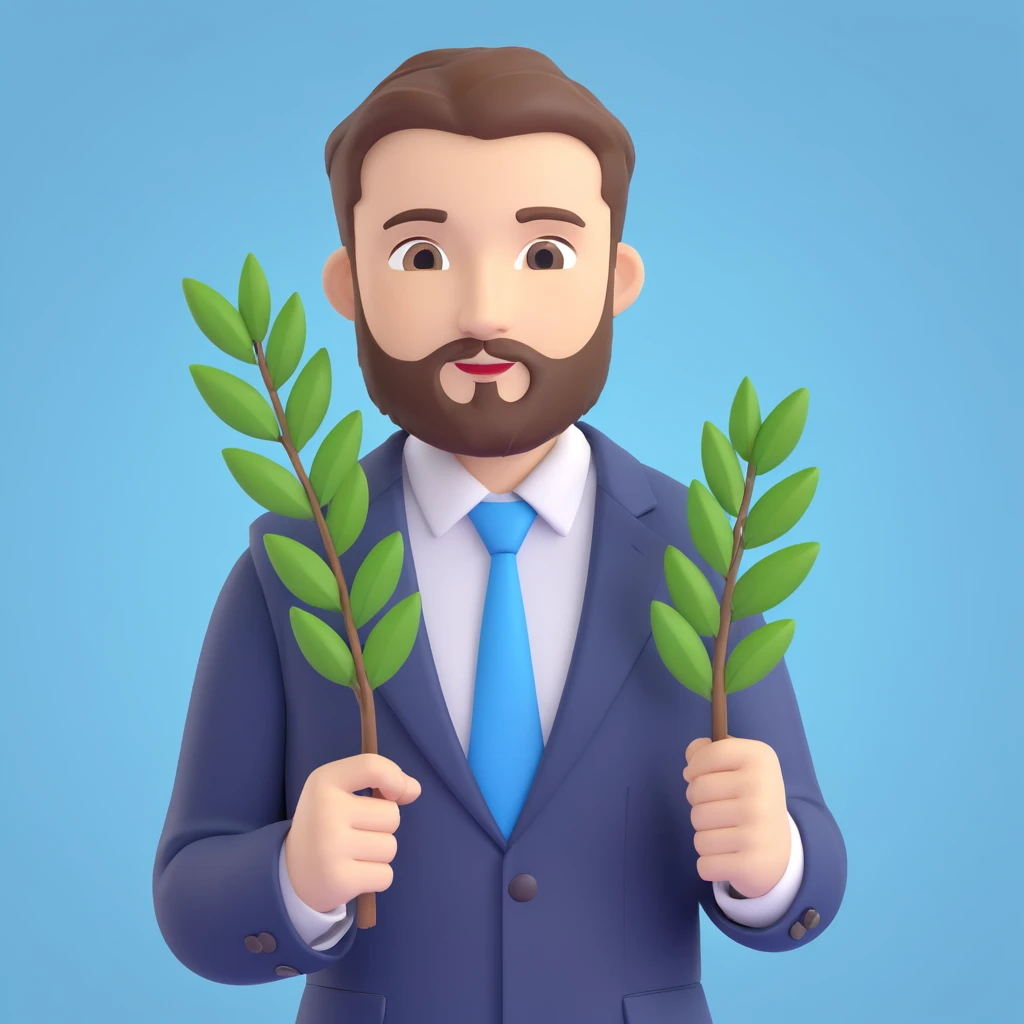 3D emoji style portrait of a man with short hair and beard, in a suit and white shirt, blue background with a white laurel branch emoji