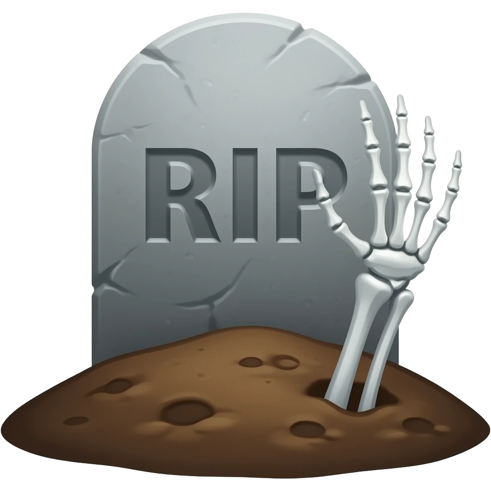A grave stone that says "RIP", with a dirt pile in front of it with a skeleton hand coming out of the dirt emoji