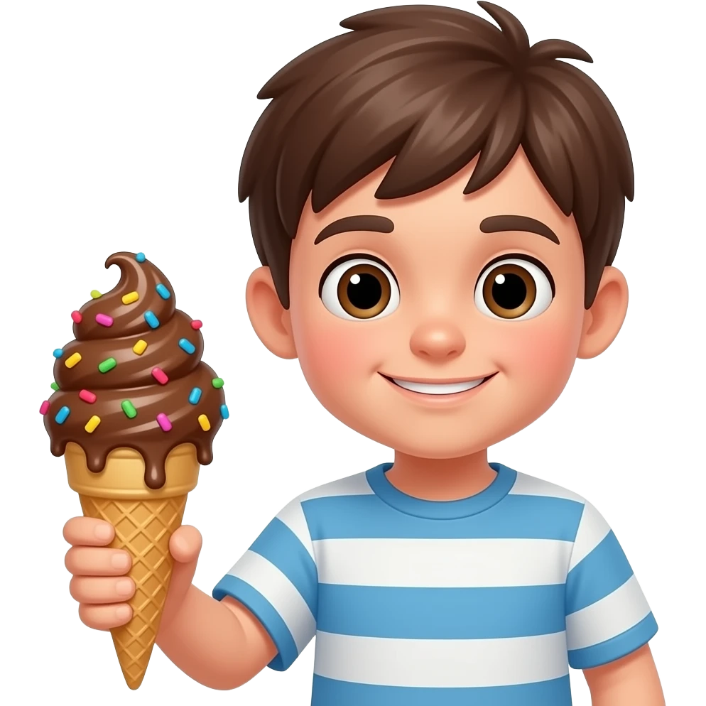 a boy hold a ice cream change his ice cream into  brown color with sprinkles emoji