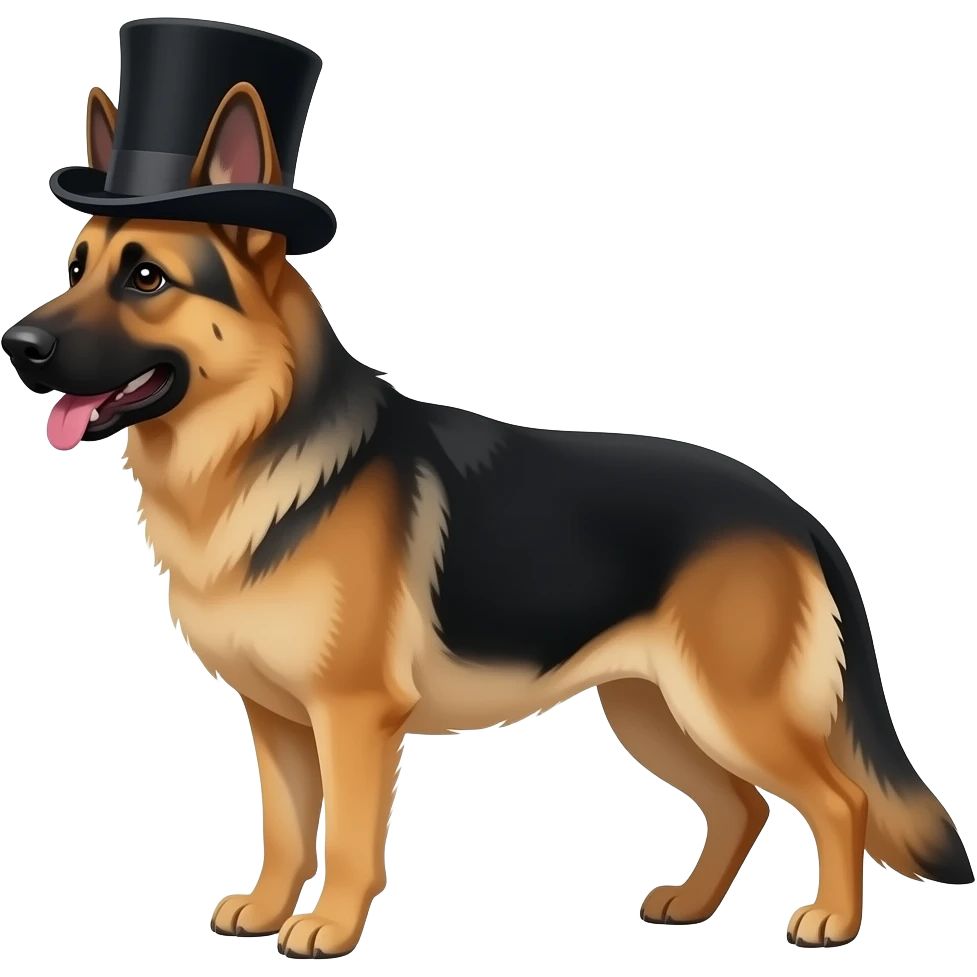 Calico German sheepdog with a top hat emoji