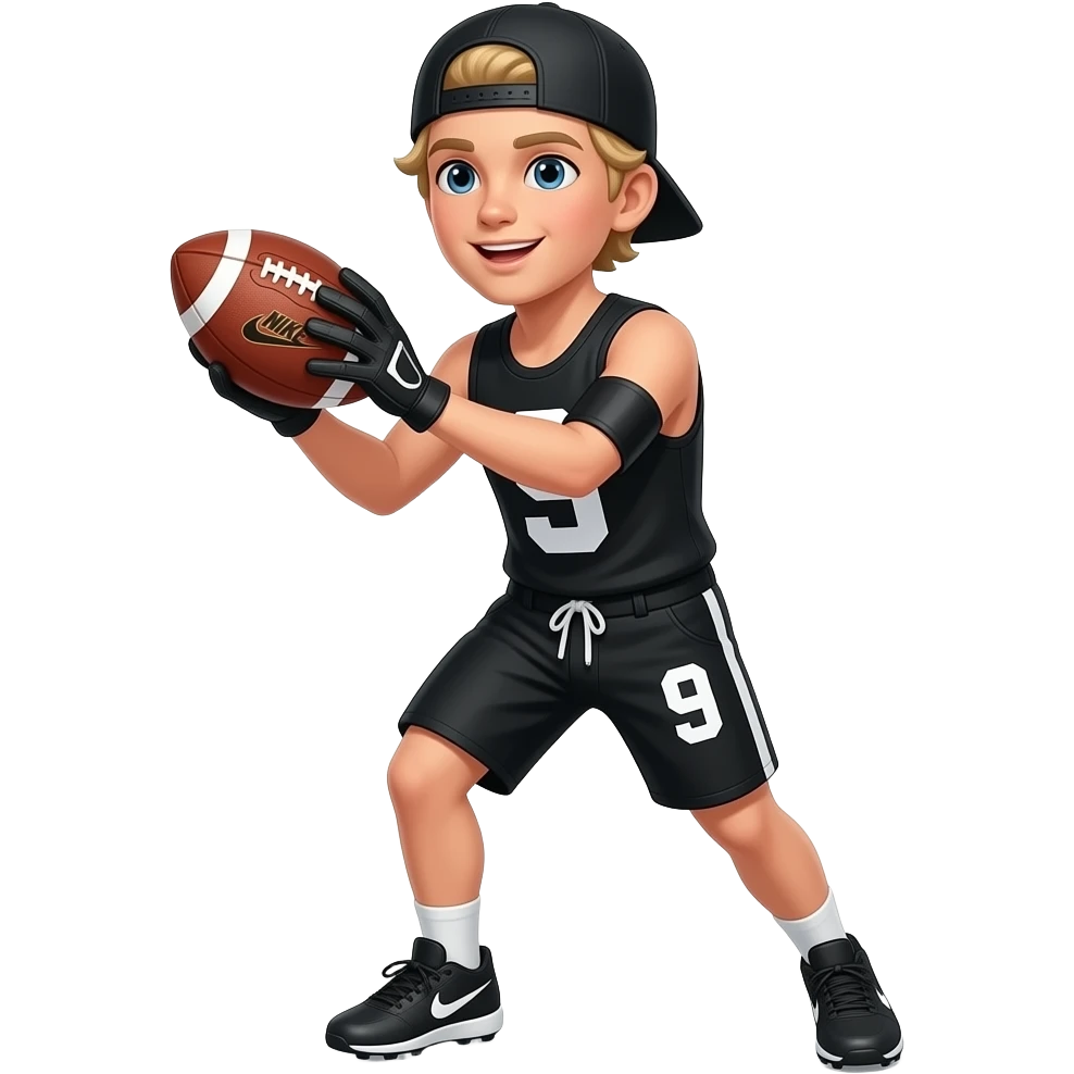 White skin teenager boy black arm sleeve with black skullcap with blonde medium hair black tank top with white number 9 black shorts number 9 Nike cleats catching the footbal black gloves emoji