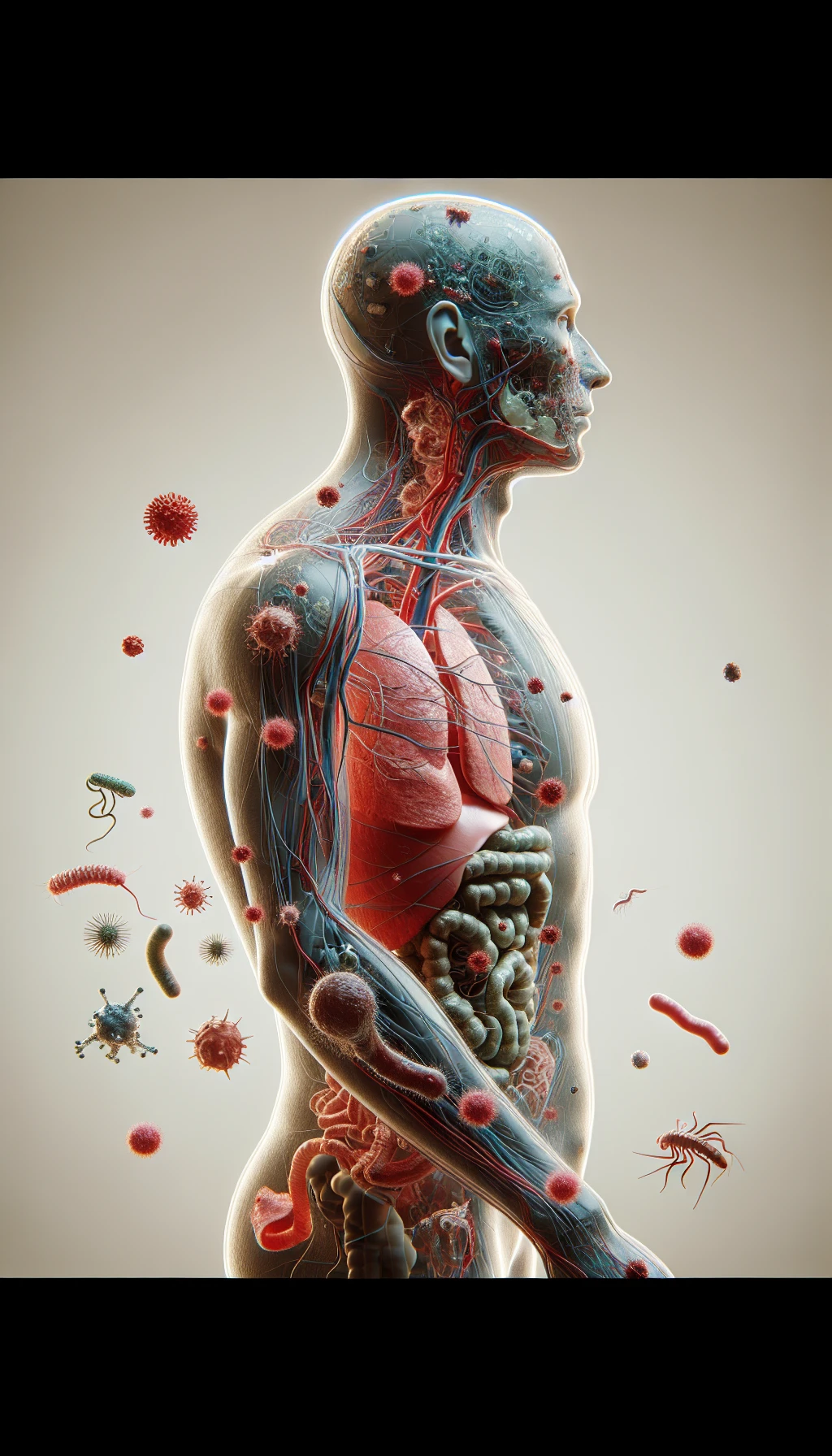 corpo umano anatomico di profilo con virus e parassiti che cercano di attaccarlo , sfondo neutro chiaro, iperrealistico 4k emoji
