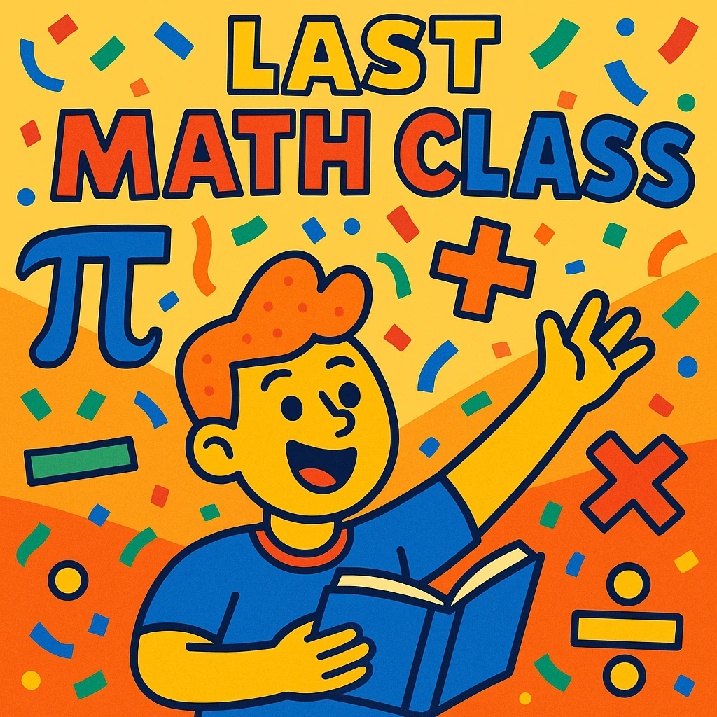 fun and celebratory illustration for the last math class, colorful math symbols like pi, plus, minus, multiplication, division, confetti, cheerful vibe emoji
