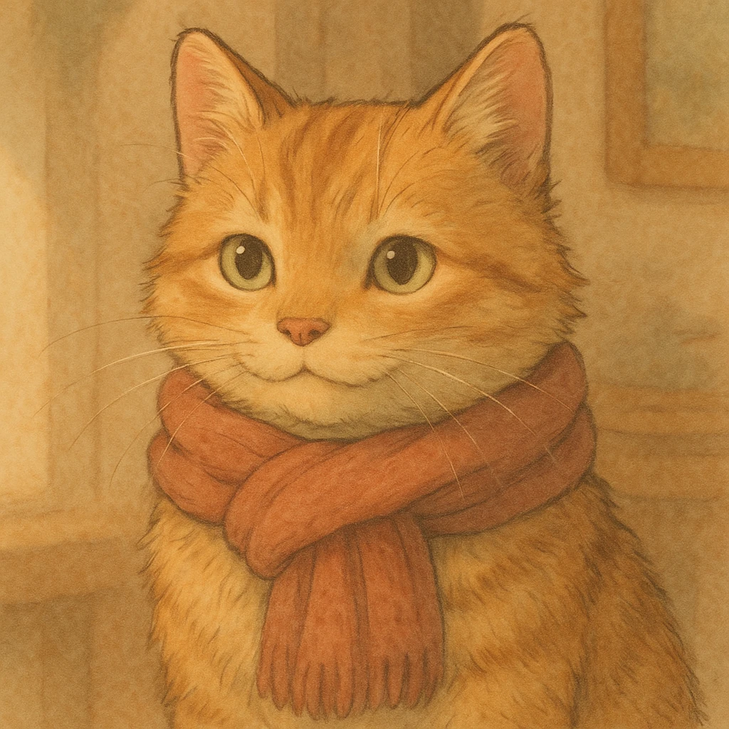 a gentle cat wearing a scarf, ghibli style emoji