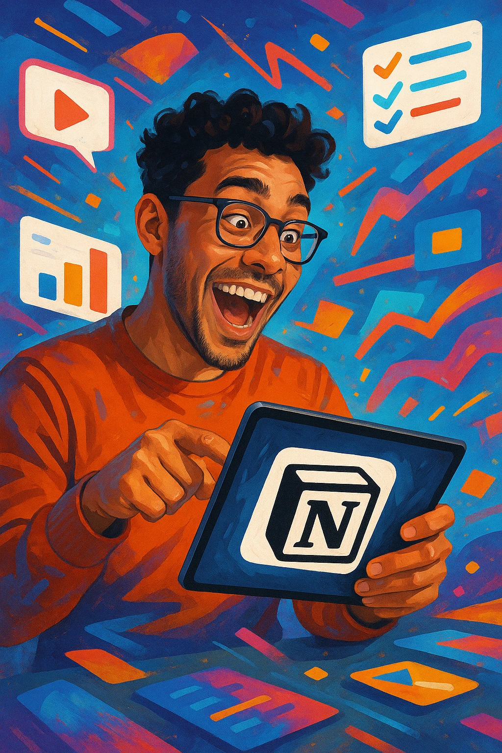 a man playing Notion, expressive, digital workspace, modern, energetic emoji