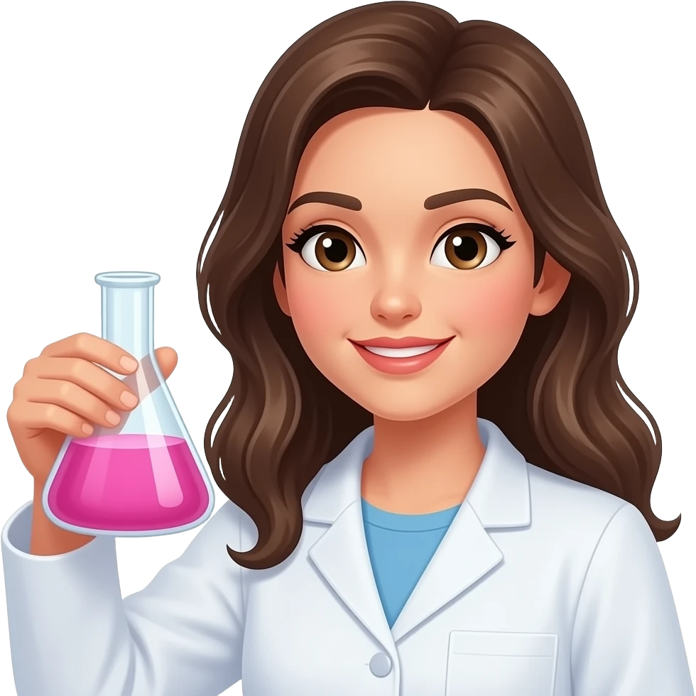 chemistry brunette woman holding a beaker containing a pink solution emoji