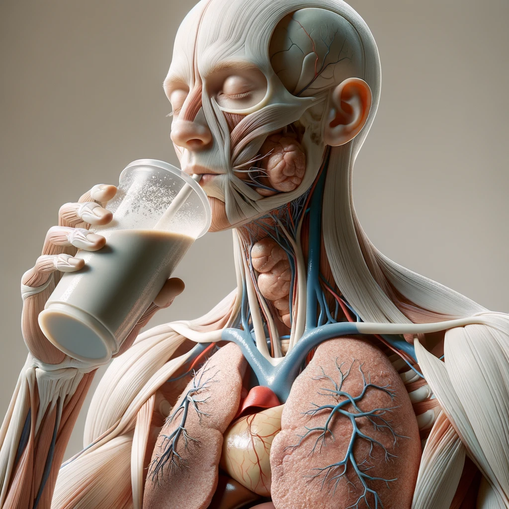CORPO UMANO ANATOMICO CON OCCHI CHIUSI MENTRE BEVE UNO SHAKER PROTEICO, ORGANI IN EVIDENZA, IPERREALISTICO SFONDO CHIARO NEUTRO emoji